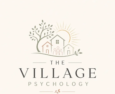 The Village Psychology logo with a tree, homes, family figures, and rising sun